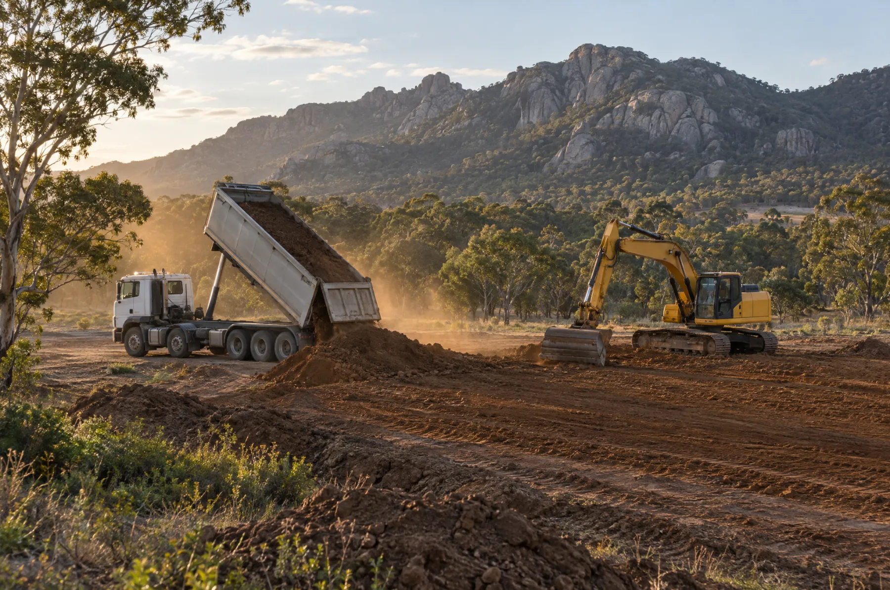A truck tipping clean fill soil while an excavator spreads it, with the granite range behind